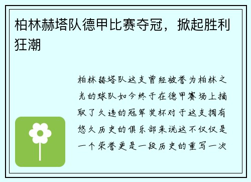 柏林赫塔队德甲比赛夺冠，掀起胜利狂潮
